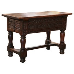 18th Century Spanish Louis XIII Carved Chestnut Side Table on Turned Legs