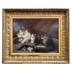 Antique Signed Oil on Canvas Painting "Mamma Cat & Kittens" in Original Frame.