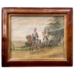 Antique French Framed Watercolor Painting, Napoleon's Cavalry Arrive at Waterloo
