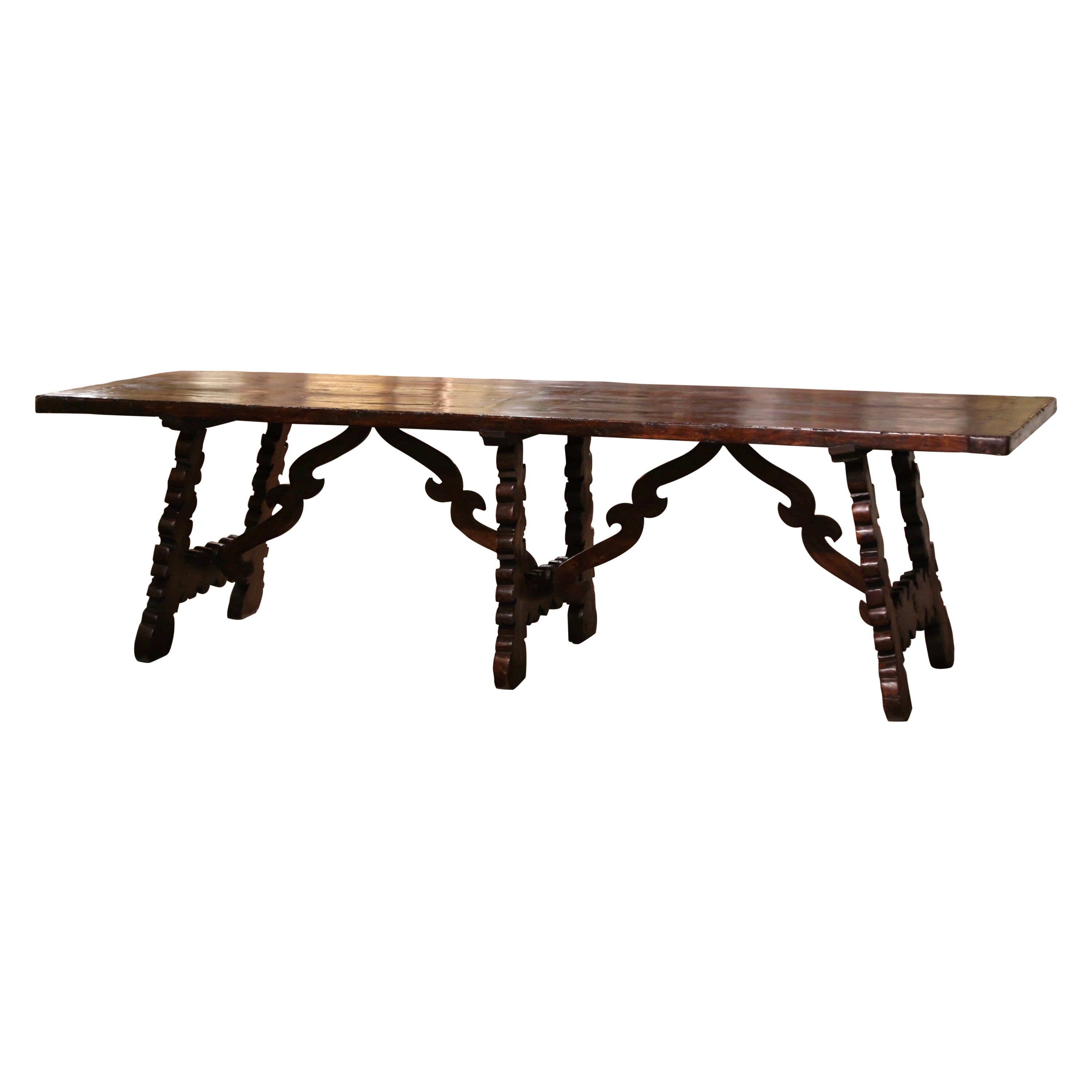 19th Century Spanish Carved Walnut Three-Leg Trestle Dining Table with Stretcher