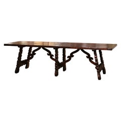Antique 19th Century Spanish Carved Walnut Three-Leg Trestle Dining Table with Stretcher