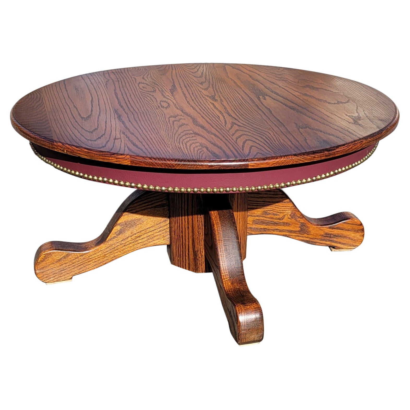 American Mission Oak Pedestal RoundCocktail Table w Leatherette Nail Trim Apron For Sale