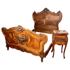 Antique French Carved Walnut Bed and Night Table, circa 1875-1895