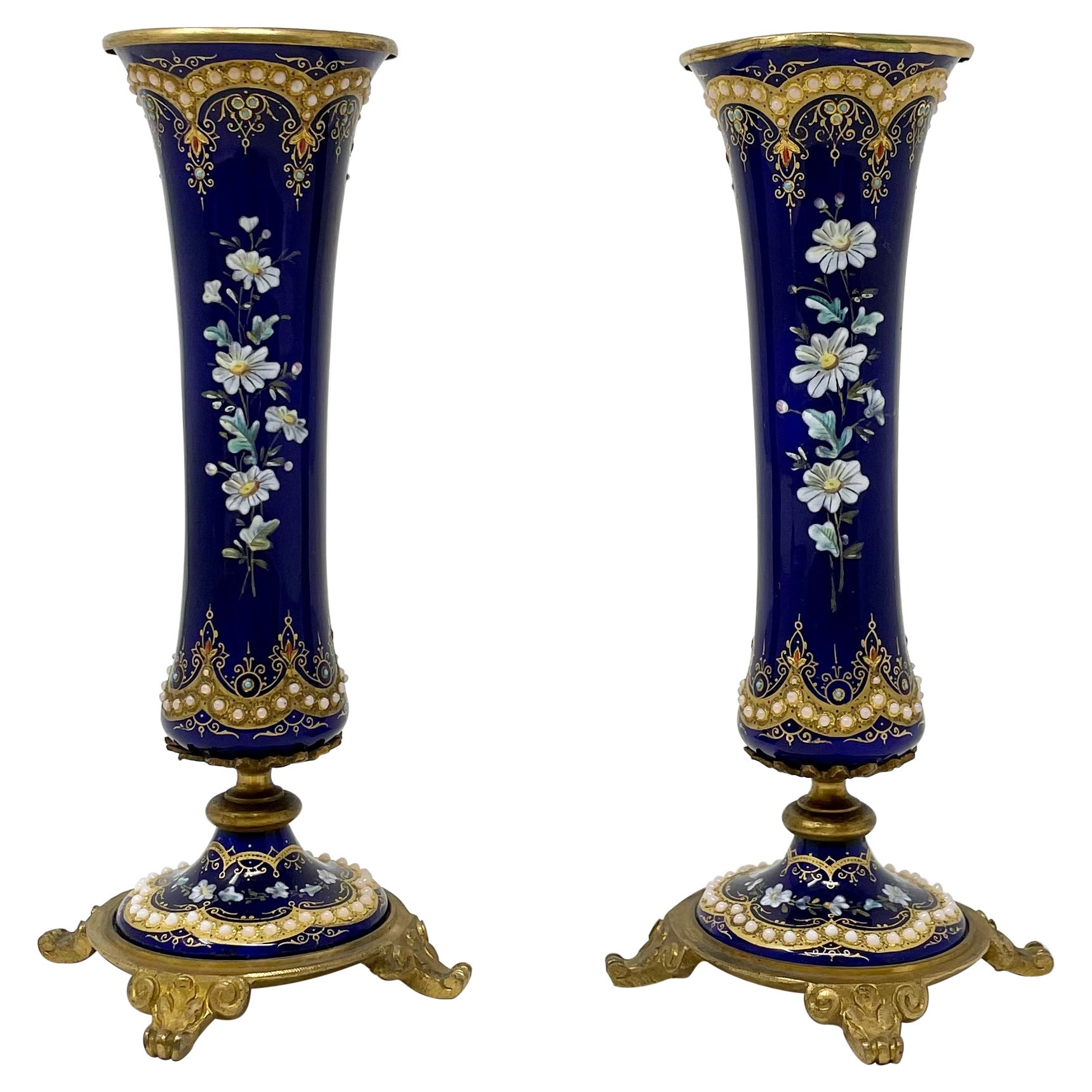 Antique French Napoleon III Bronze & Enameled Cobalt Porcelain Vases, Circa 1870 For Sale