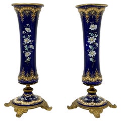 Vases français anciens Napoléon III en bronze et porcelaine émaillée cobalt, vers 1870