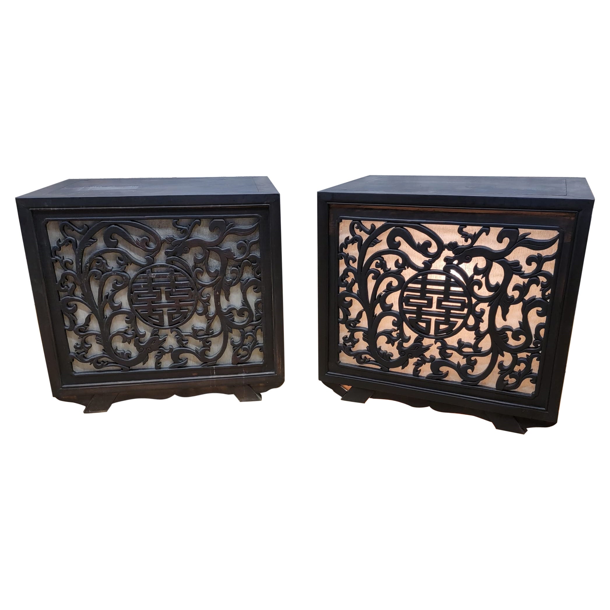 Vintage Chinese Carved Decorative Elm Side Tables with Light - Pair