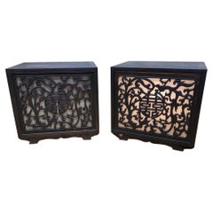 Vintage Chinese Carved Decorative Elm Side Tables with Light - Pair