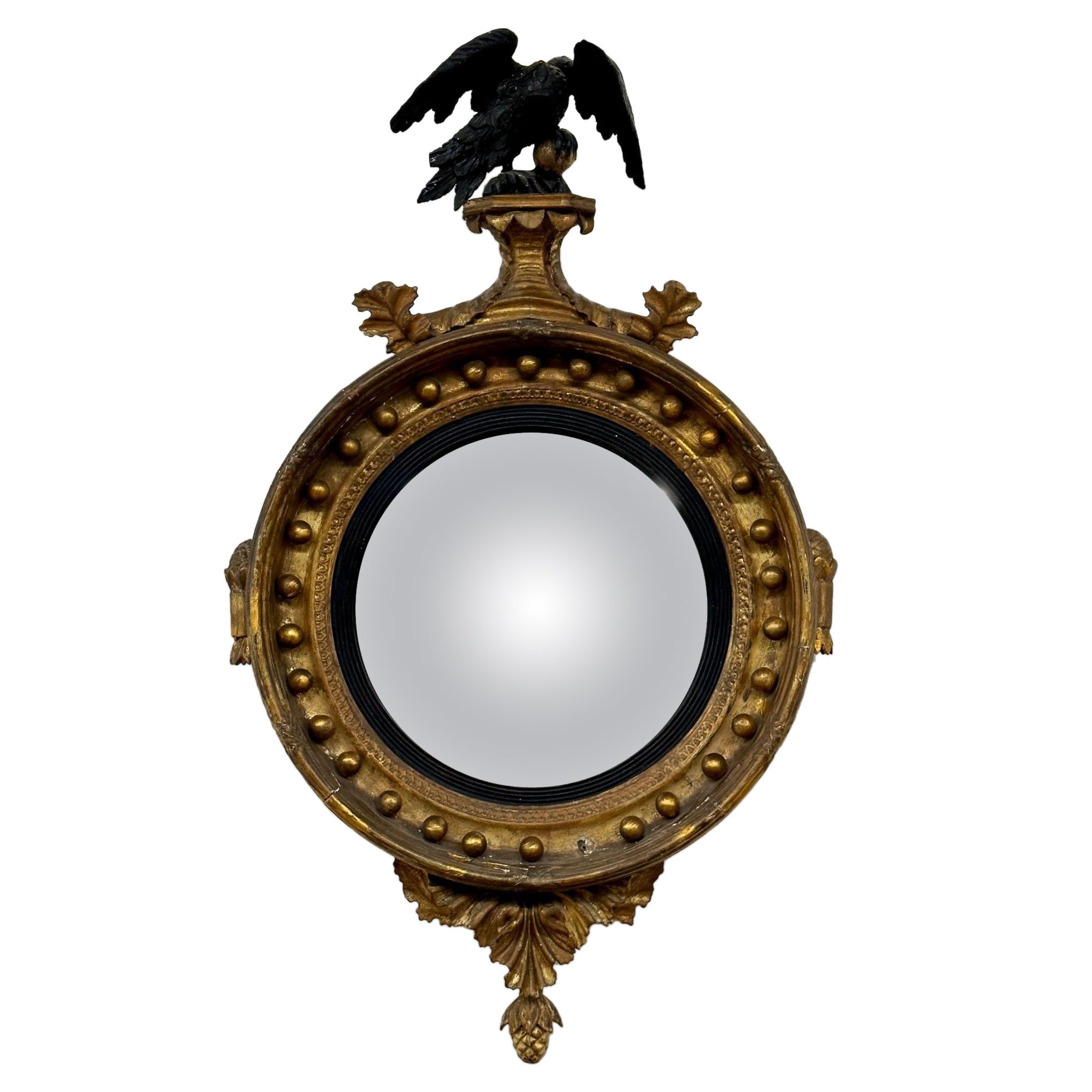 Antique Federal Style Gilt Gold Convex Wall / Console / Pier Mirror, Distressed For Sale