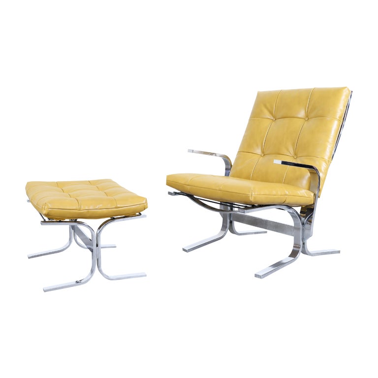 Mid Century Chrome and Leather Lounge Chair and Ottoman For Sale