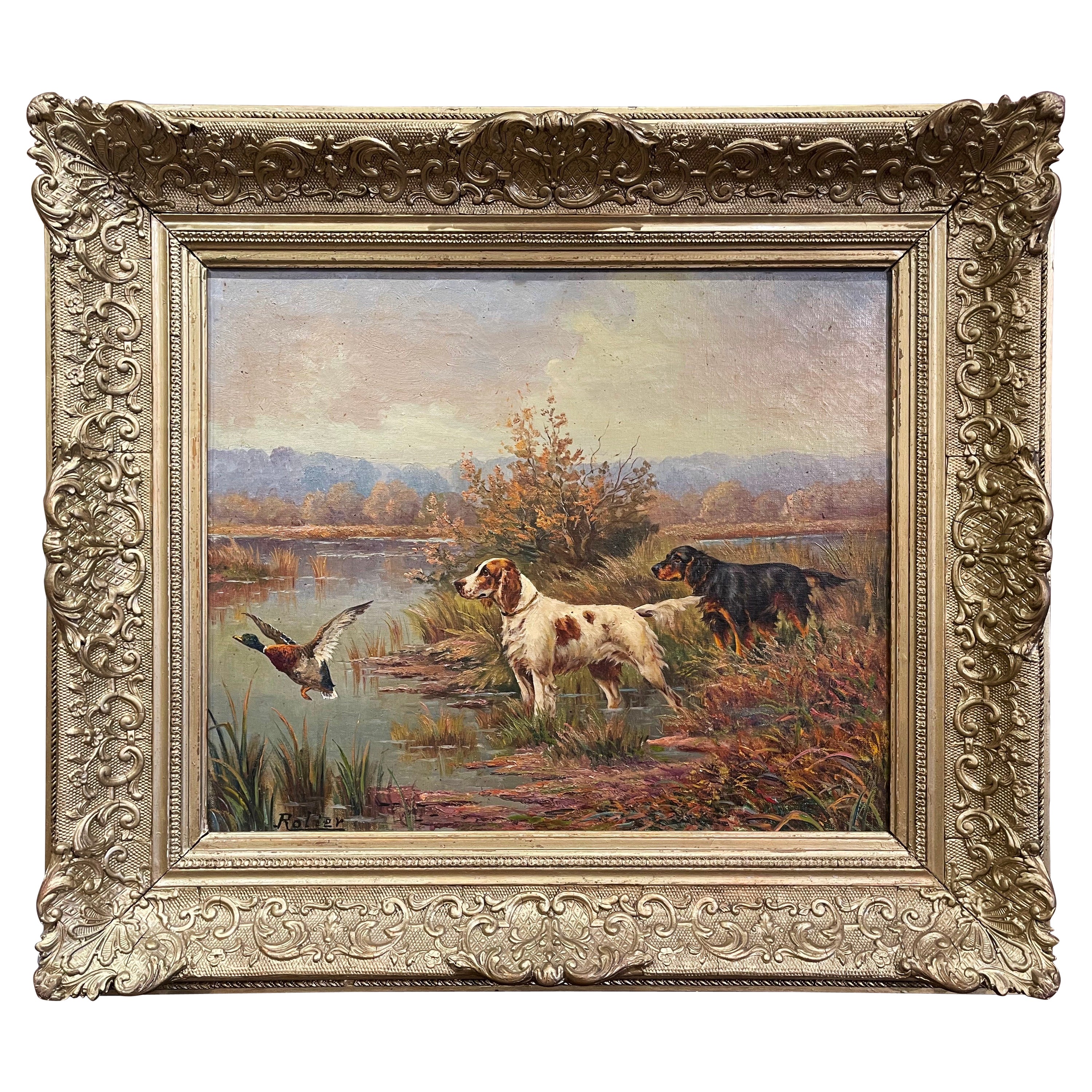 19th Century Oil on Canvas Hunt Painting in Carved Gilt Frame Signed C. Rolier