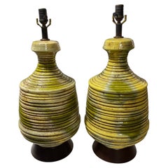 Mid-Century Modern Green Yellow Lava Glazed Studio Ceramic Pottery Table Lamps