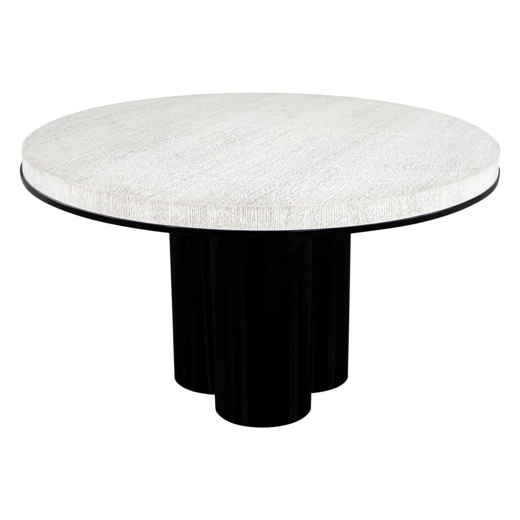 Table de salle à manger moderne ronde en chêne cérusé 2 tons avec piédestal géométrique en métal