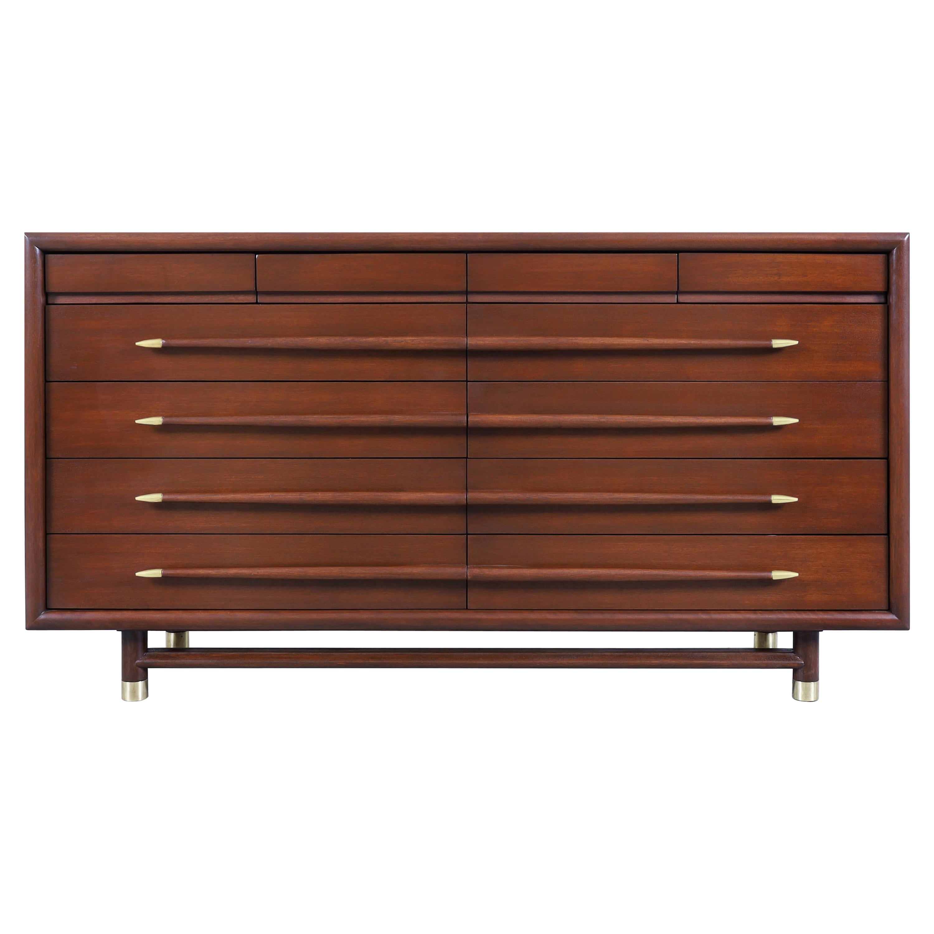 Mid Century Walnut and Brass Dresser by John Keal for Brown Saltman