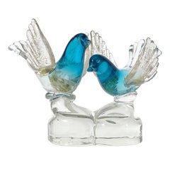 Murano Sommerso Aqua Blue Gold Leaf Italian Art Glass Bird Figures Paperweight