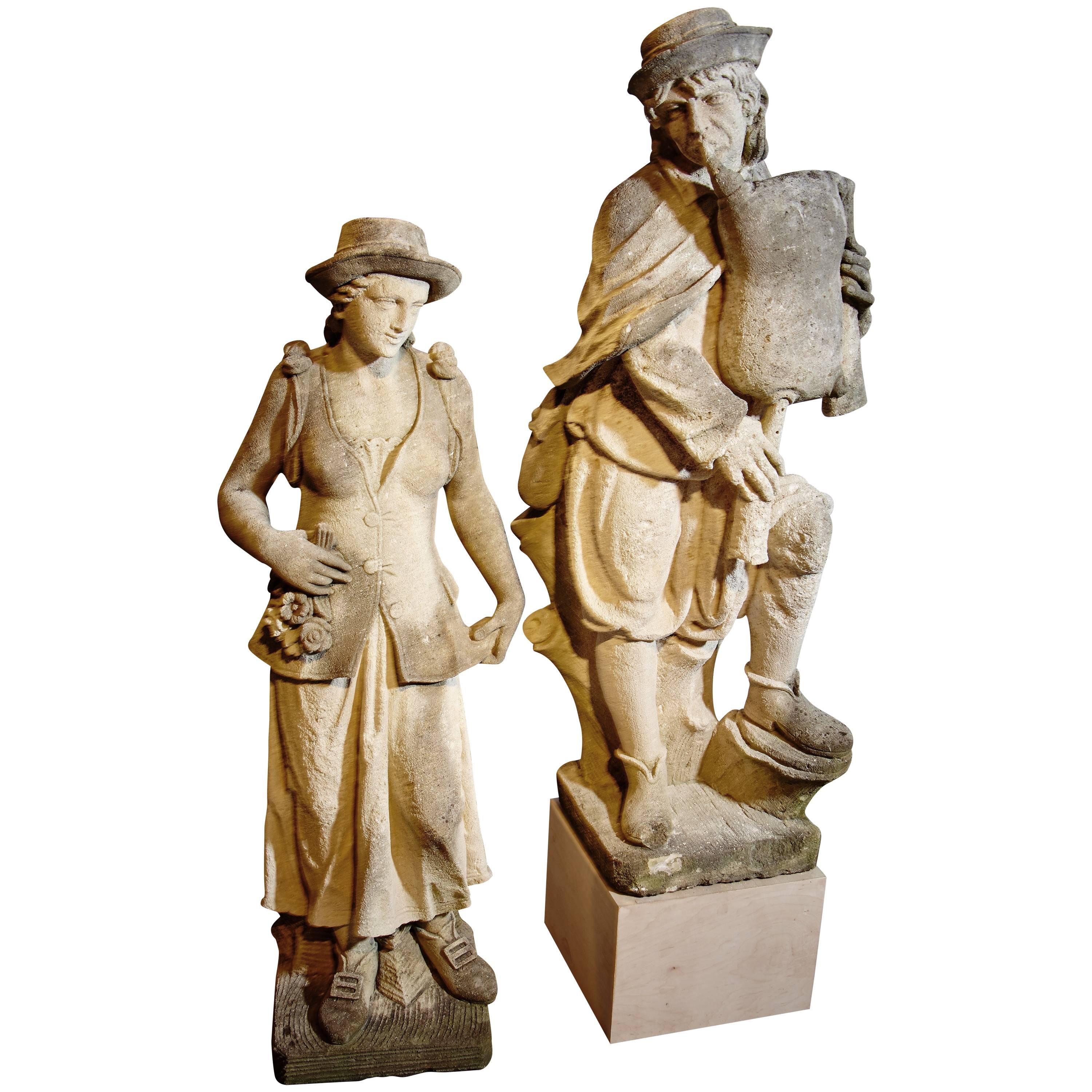 Hand-Carved Vicenza Nearly Life-sized Stone Statues of Young Couple