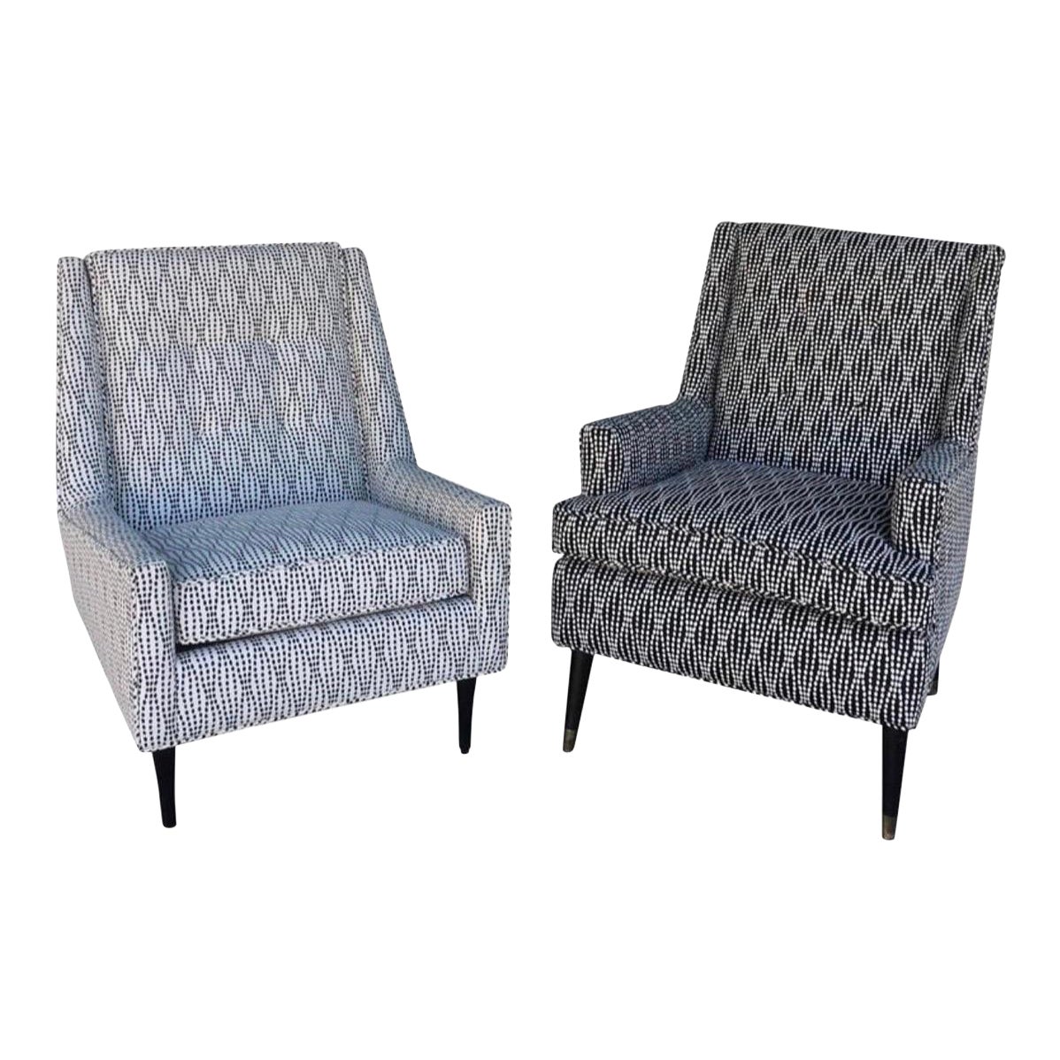 Pair of Mid-Century Modern Lounge Chairs New Black/White Geometric Fabric