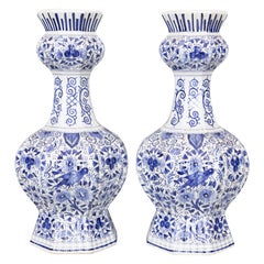Pair of Antique 19th Century Dutch Delft Birds Floral Knobble Vases