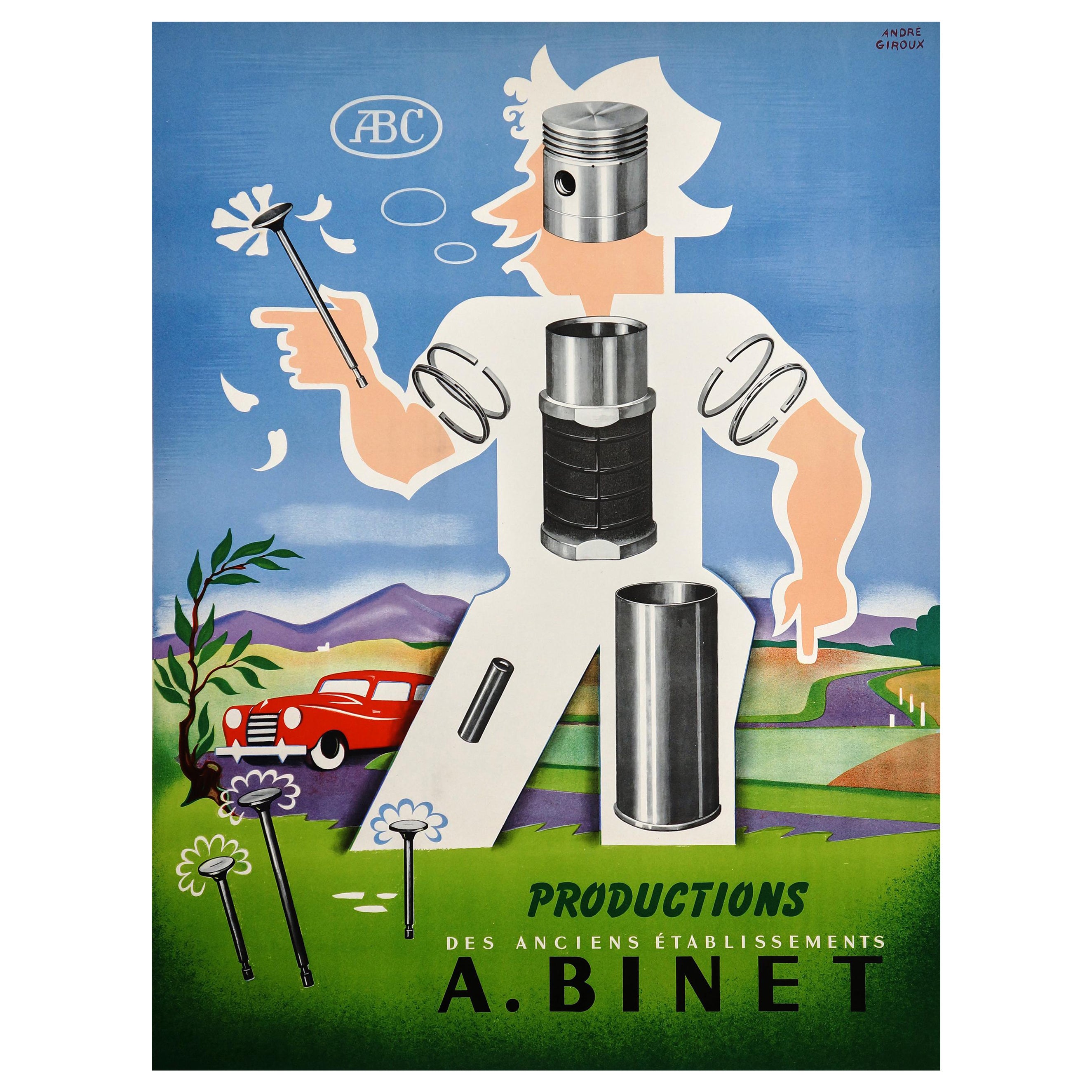 Mid-Century Andre Giroux ABC Poster for A. Binet Auto Parts Productions