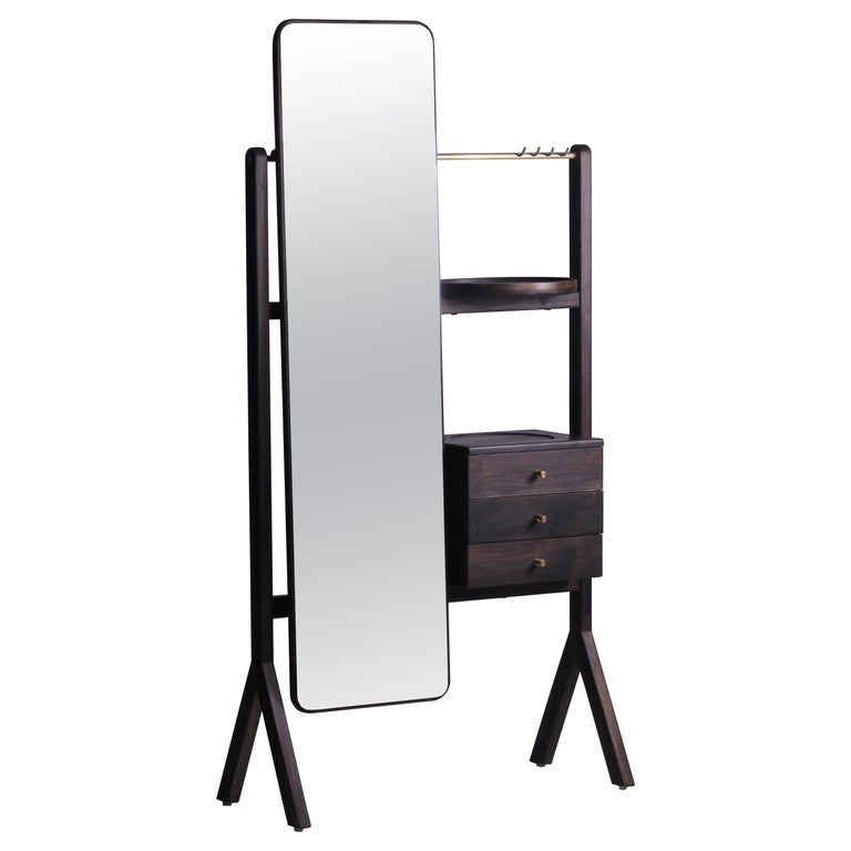 MidCentury Modern Cleopatra Solid Oak Vanity Dressing Table with Mirror and Brass For Sale at