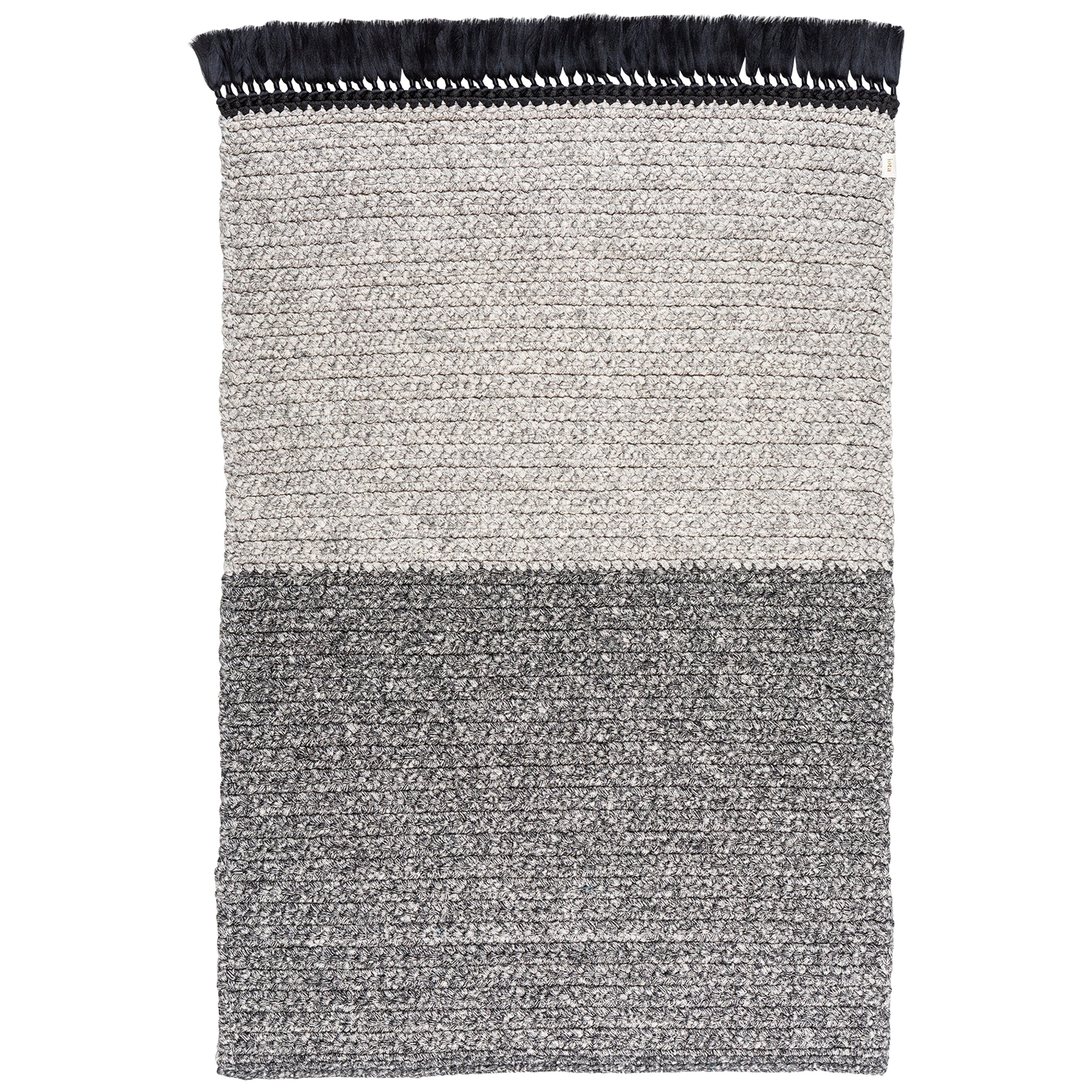 Alfombra bicolor de ganchillo hecha a mano 120X200 cm en negro con flecos negros