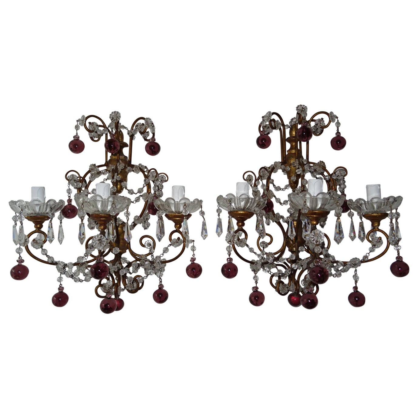 Big French Baroque Amethyst Murano Drops Beads Sconces c 1900 For Sale