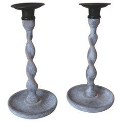 Pair of Antique Limed Oak Twisted Column Candlesticks, English, circa 1920