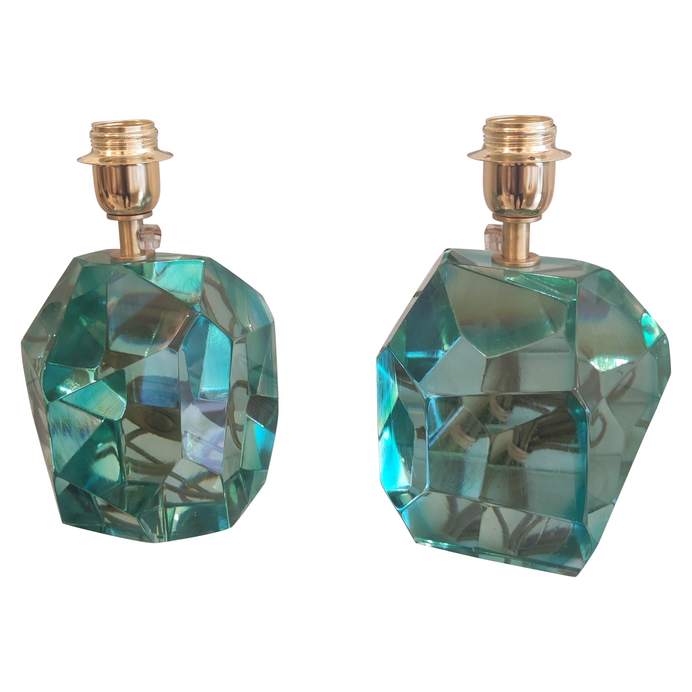 Pair of Light Green Crystal Faceted Table Lamps For Sale