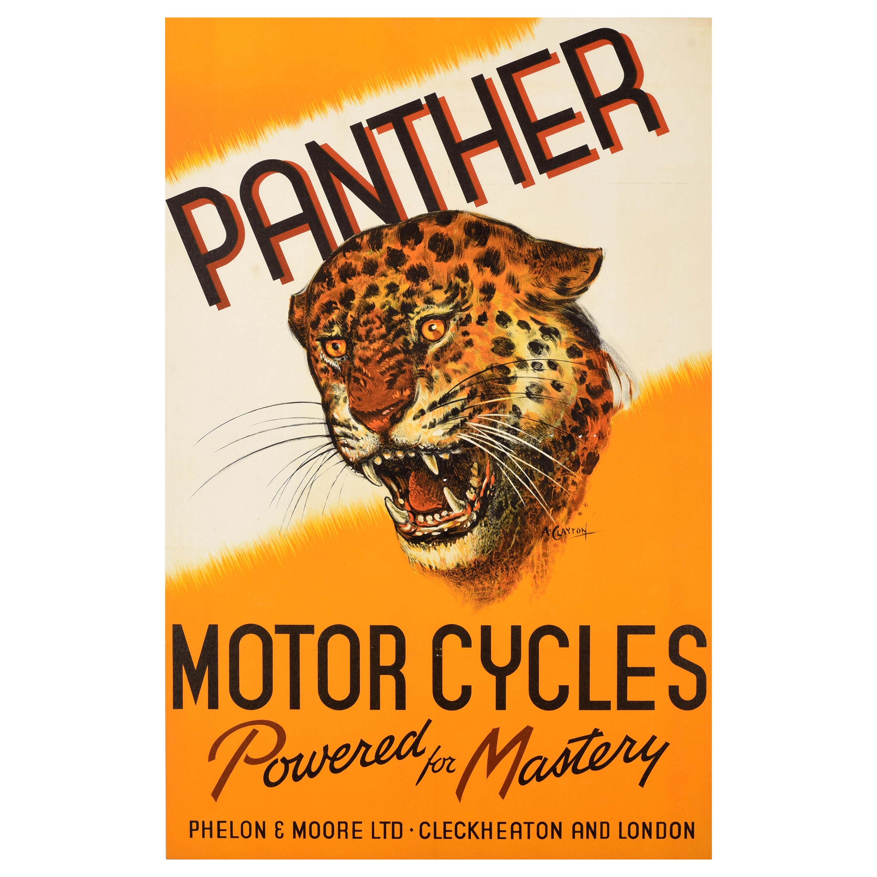 Original Vintage Advertising Poster Panther Motor Cycles Jaguar Motorcycle Art For Sale