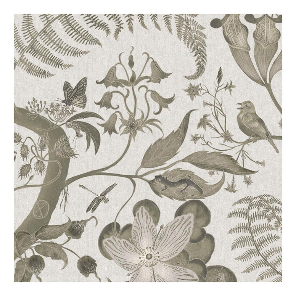 Toile Parakeets Wallpaper Botanical in Taupe For Sale