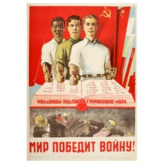Original Retro Soviet Cold War Propaganda Poster Peace Victory Solidarity USSR