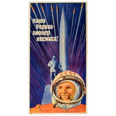 Original Used Soviet Propaganda Poster Gagarin Space Pioneer Cosmonaut USSR