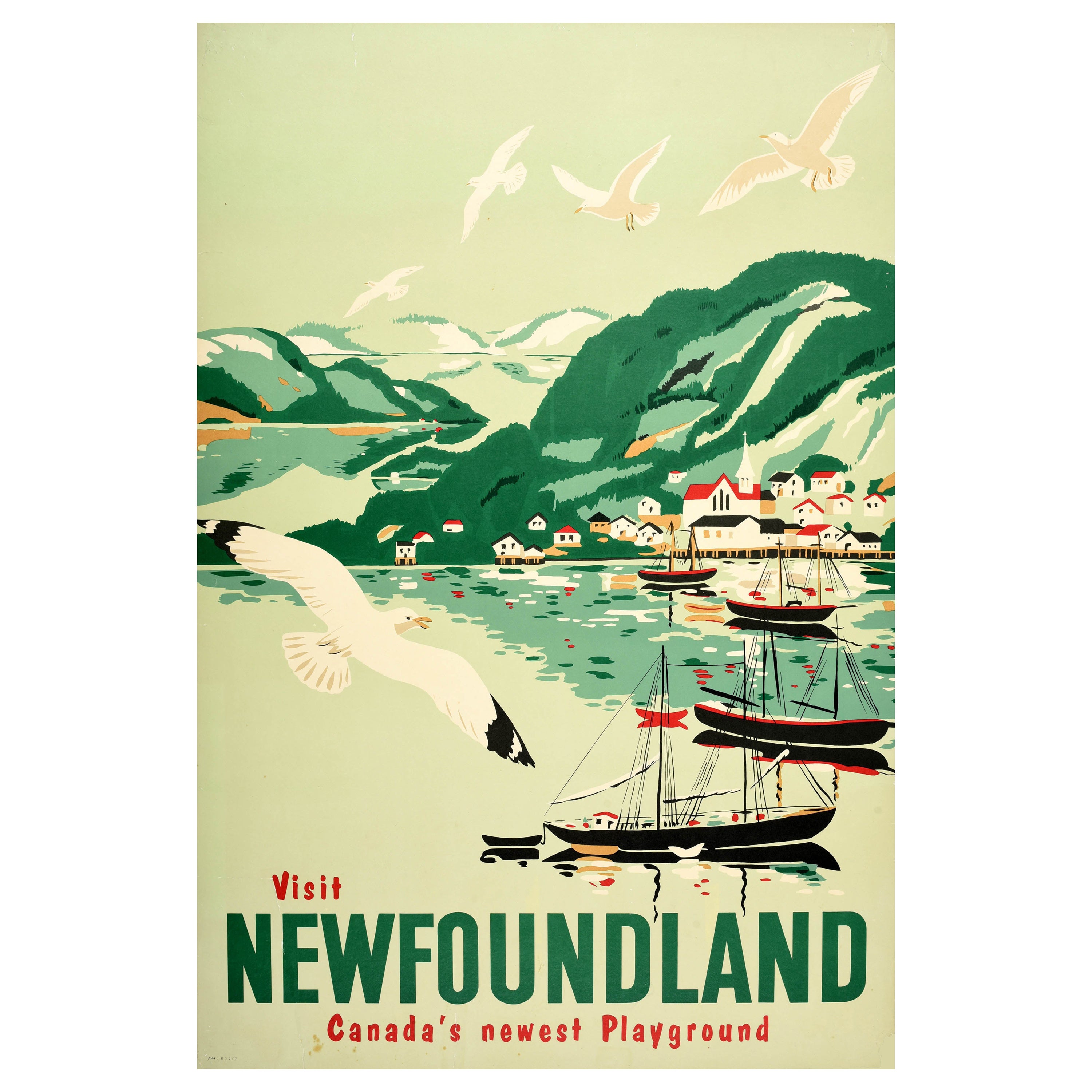 Affiche de voyage originale Visit Newfoundland Canada Playground Harbour Art
