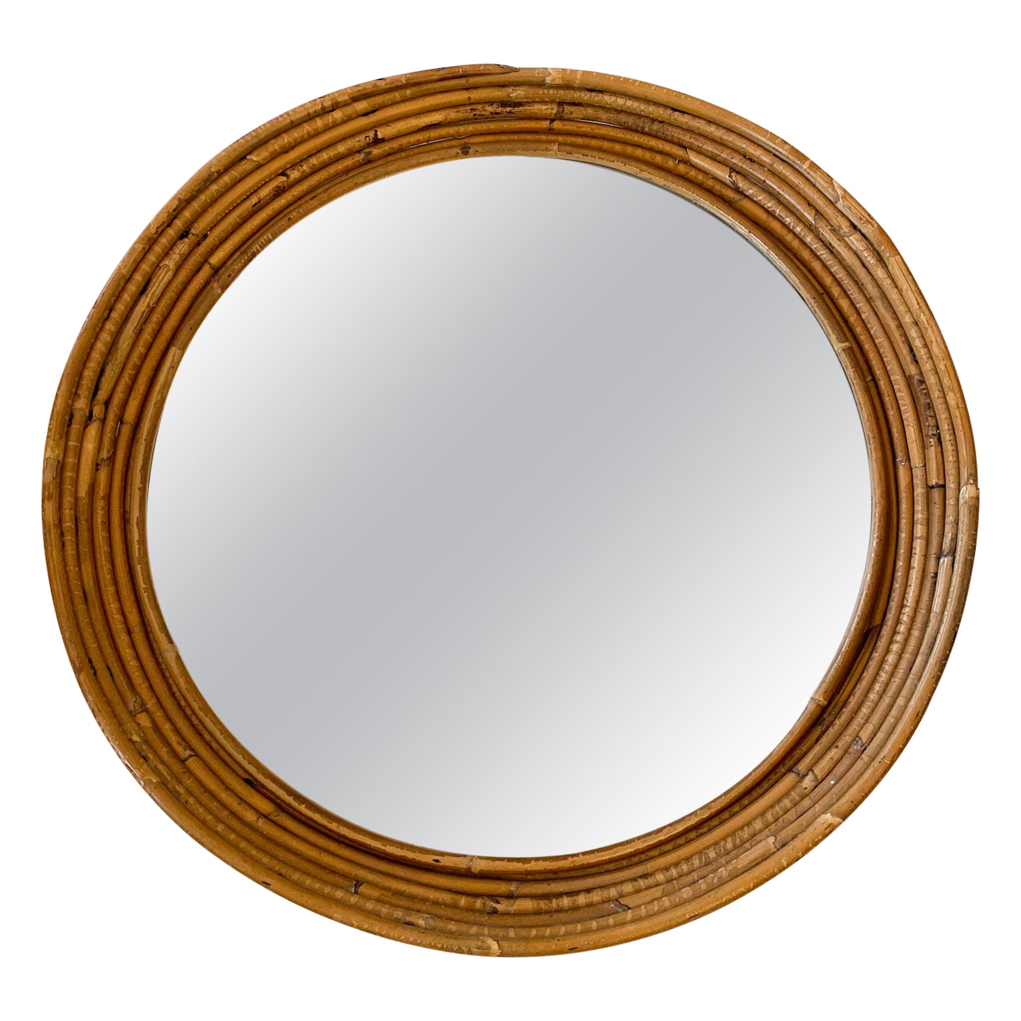 Mid-Century Modern Round Rattan Wall Mirror, Italy, 1970s For Sale