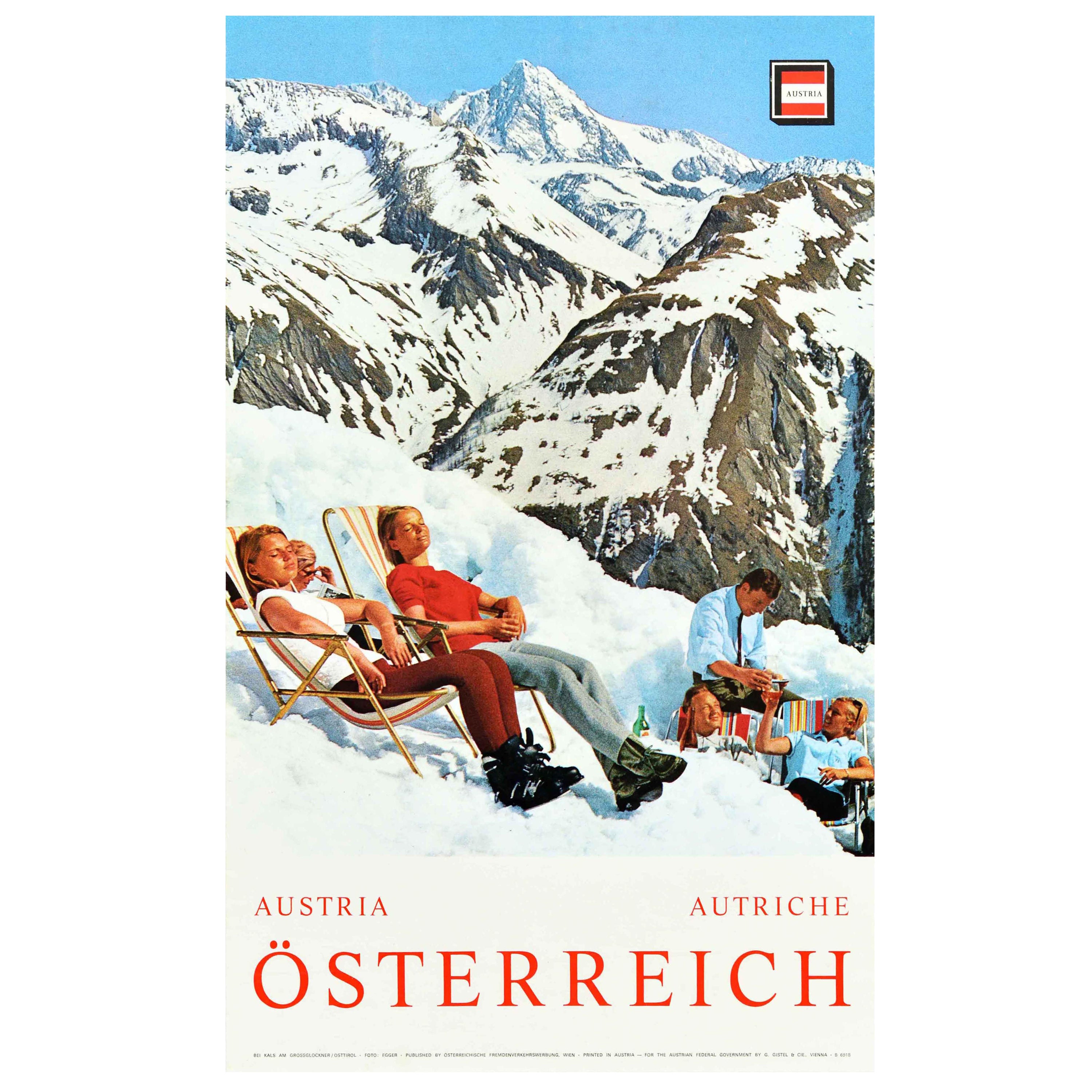 Original Vintage-Winter-Reiseplakat, Osterreich, Österreich, Skifahren, Sonnenbaden, Foto im Angebot