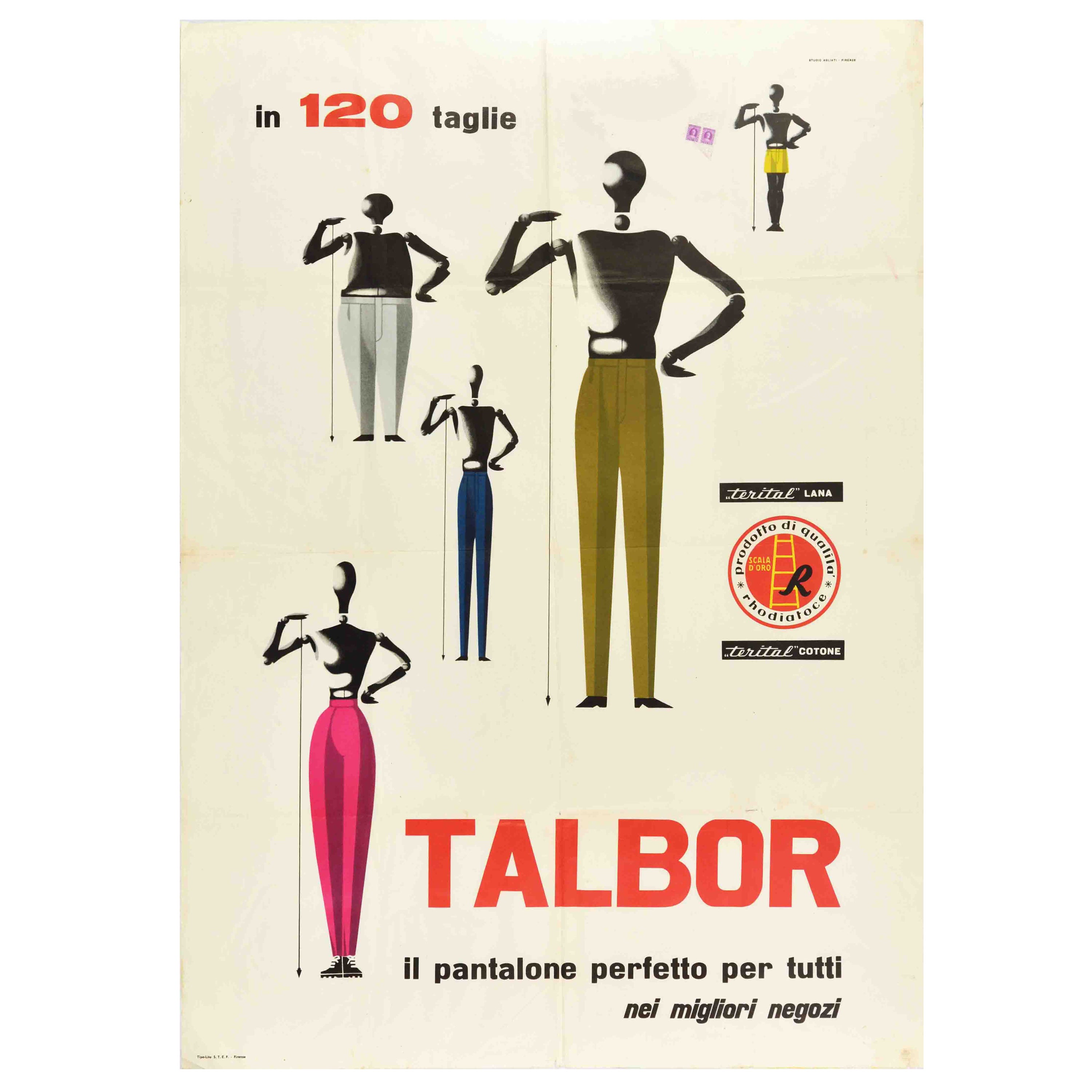 Affiche vintage d'origine Talbor Pantalone Trousers Italy Fashion Style Design Art en vente