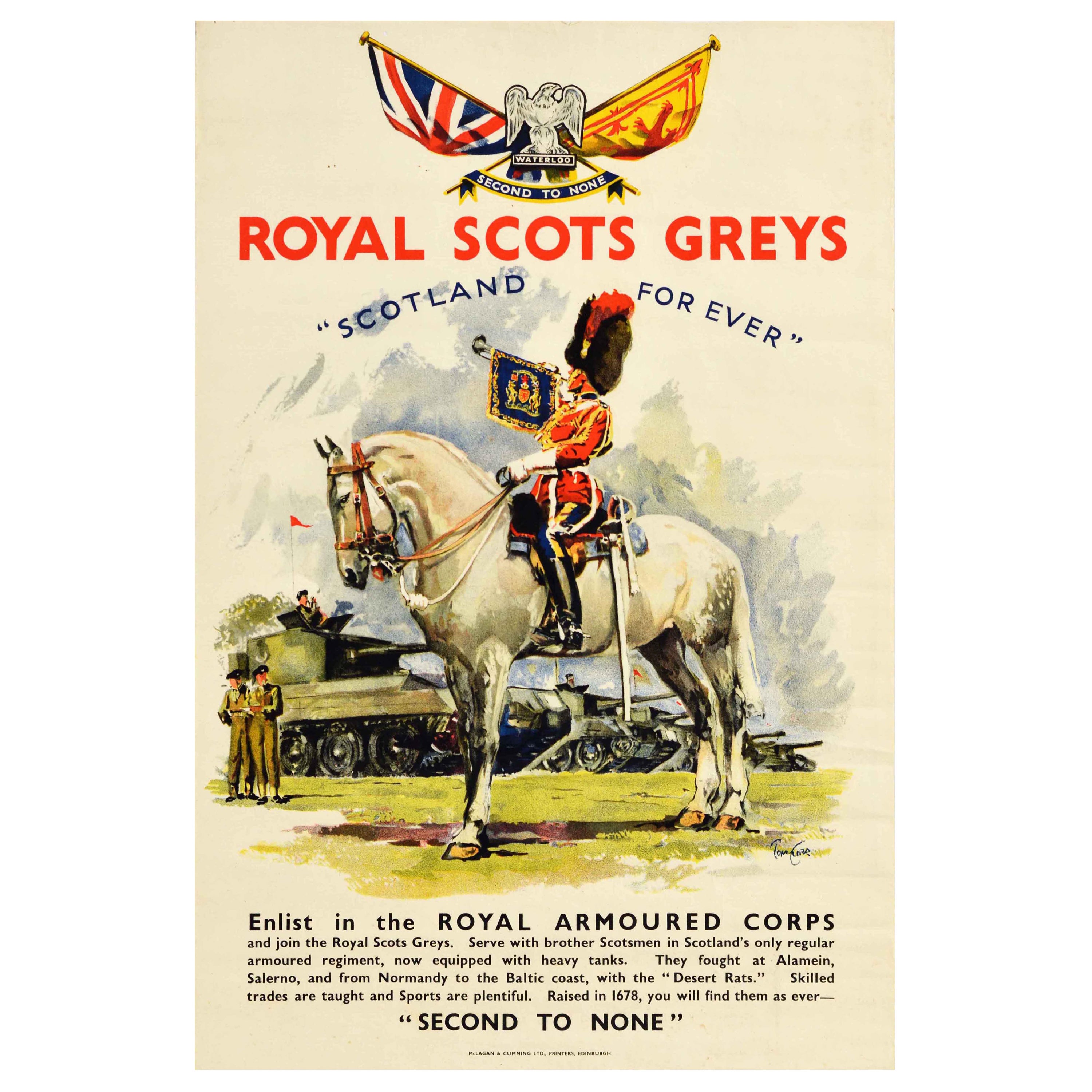 Affiche militaire originale vintage Royal Scots Greys Scotland For Ever Armoured (Écosse pour toujours armés)