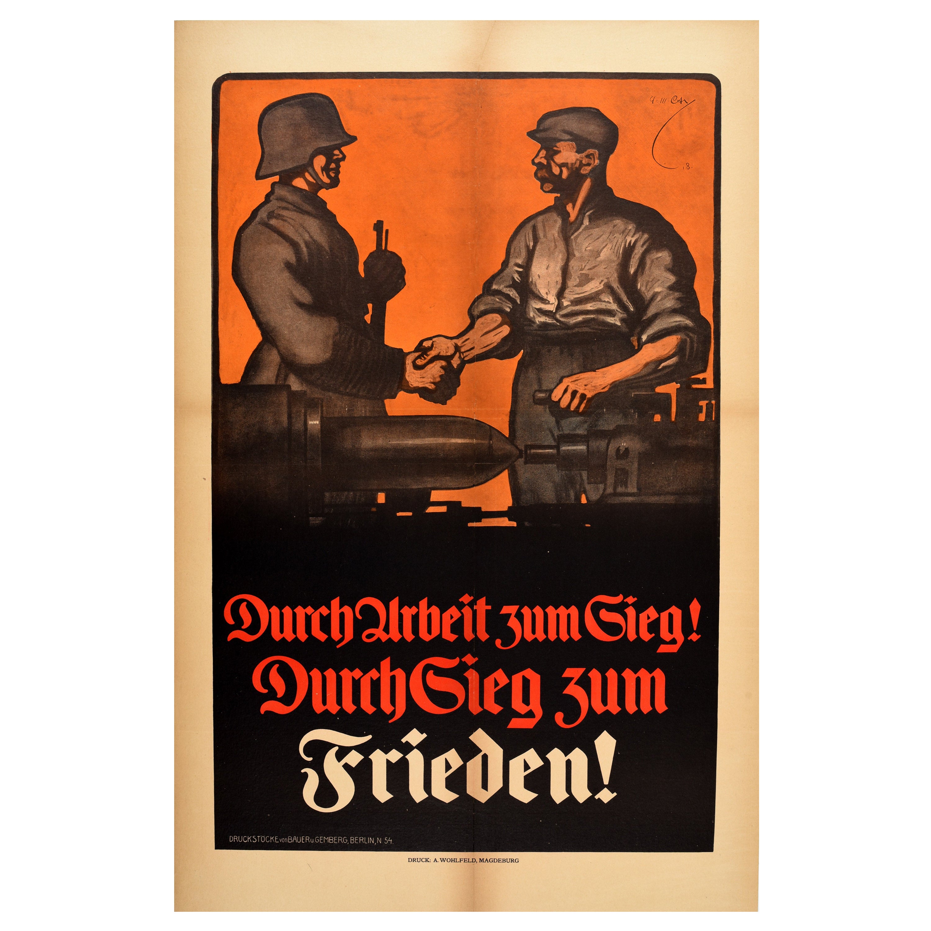 Original Antique World War One Propaganda Poster German Victory Worker Soldier For Sale