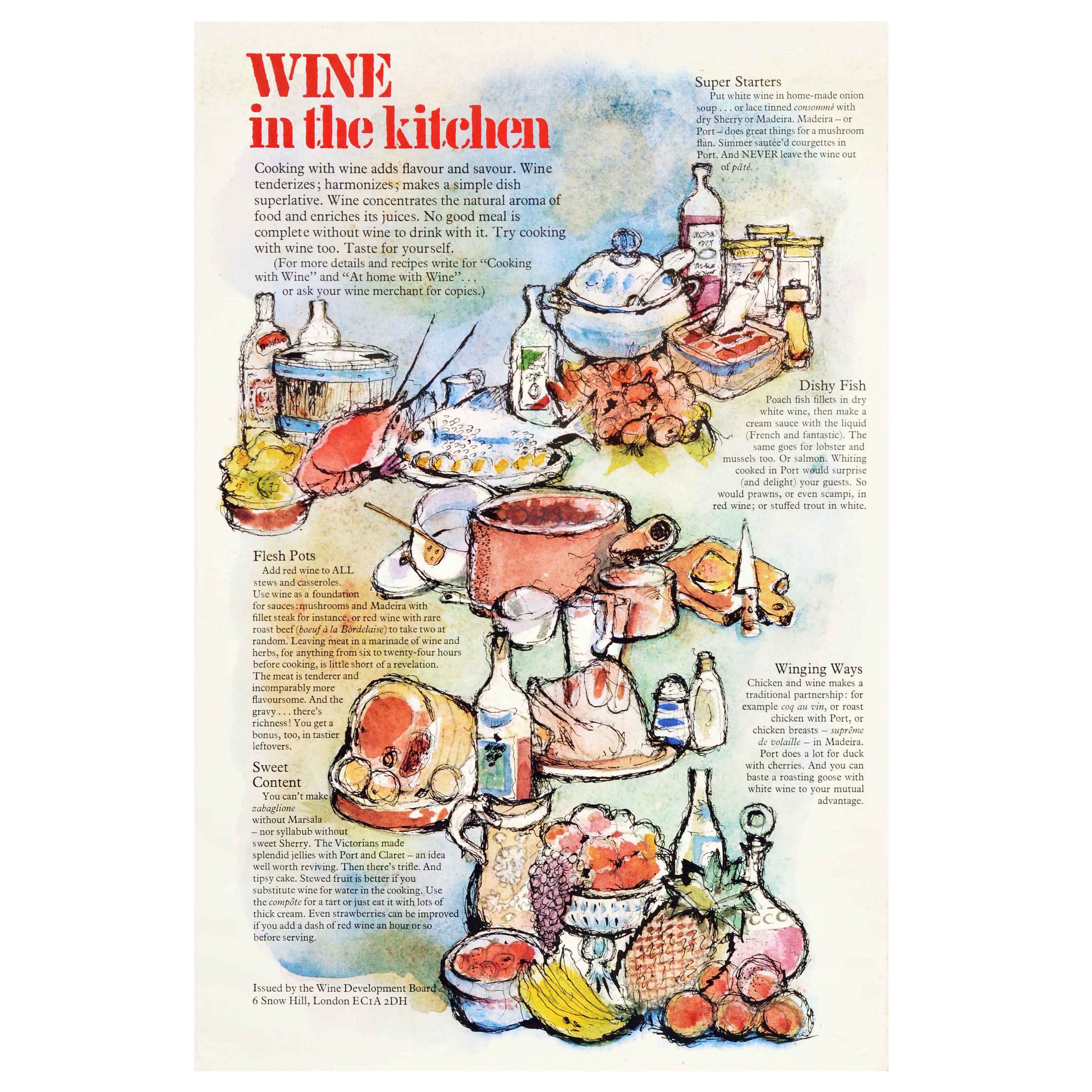 Original Vintage Poster Wine In The Kitchen Cooking Food Fruit Illustration Art For Sale