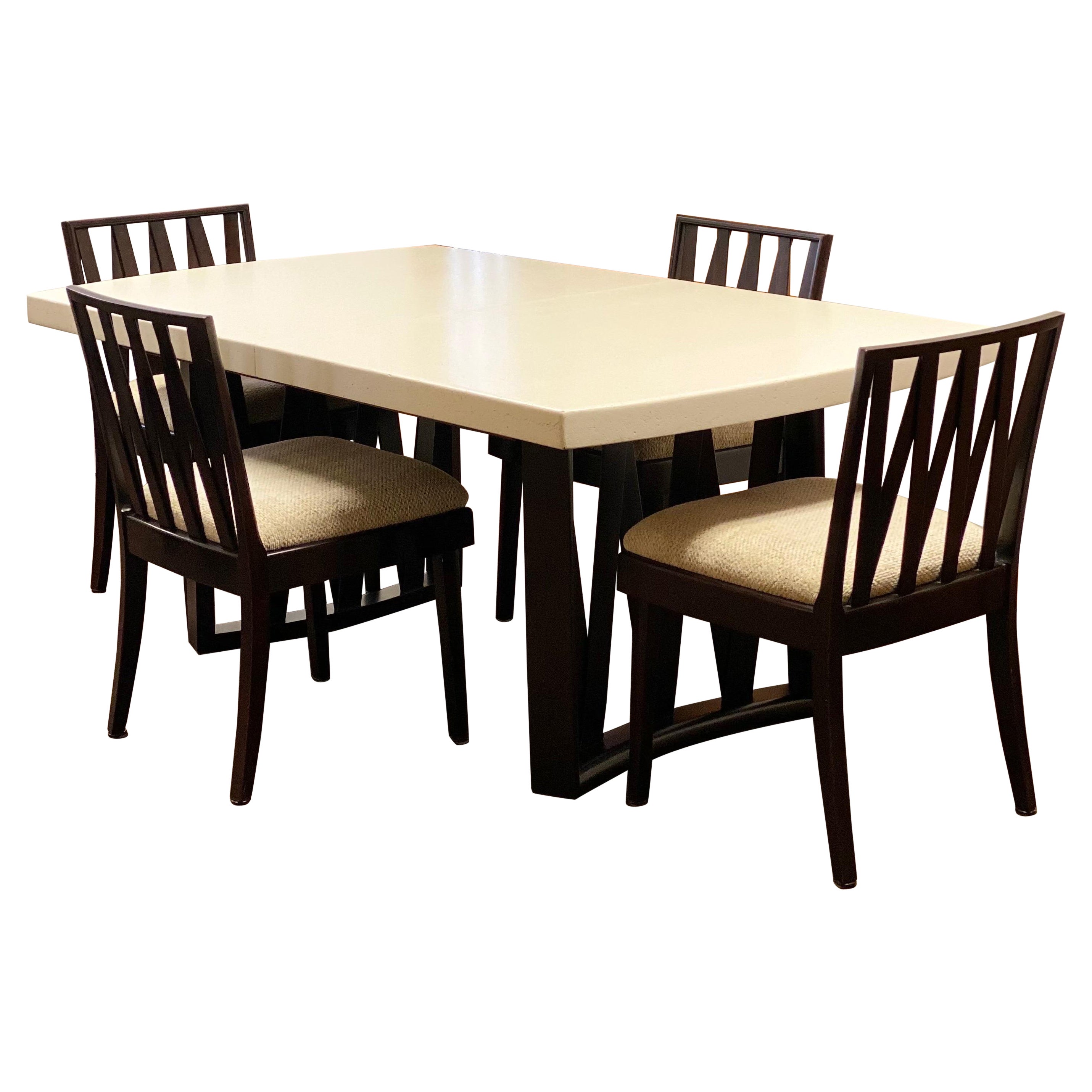 Paul Frankl for Johnson Furniture Mahogany and White Cork Dining Set, Set of 5 For Sale