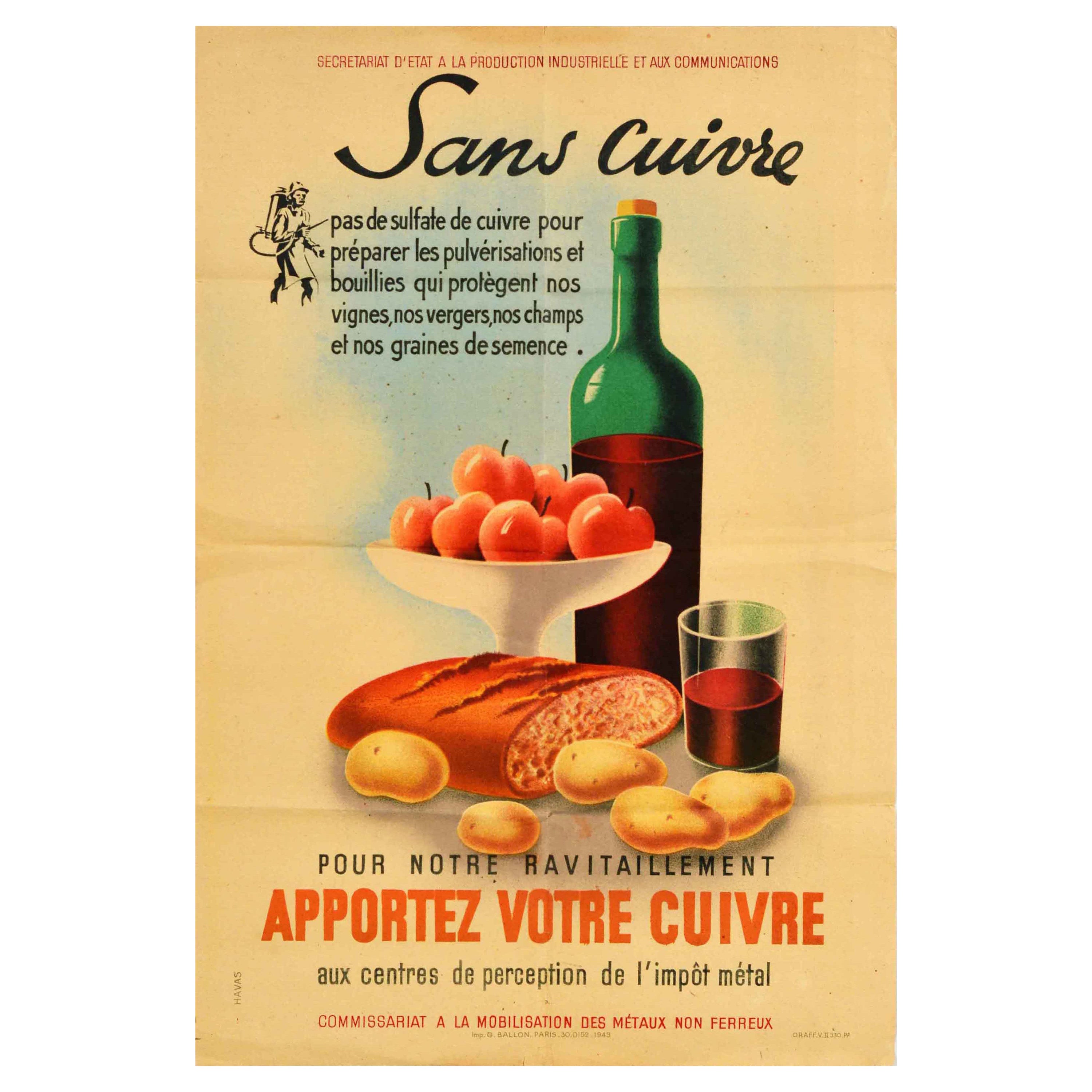 Affiche vintage d'origine en métal cuivré, collection de taxes, alimentation, vin et agriculture en vente