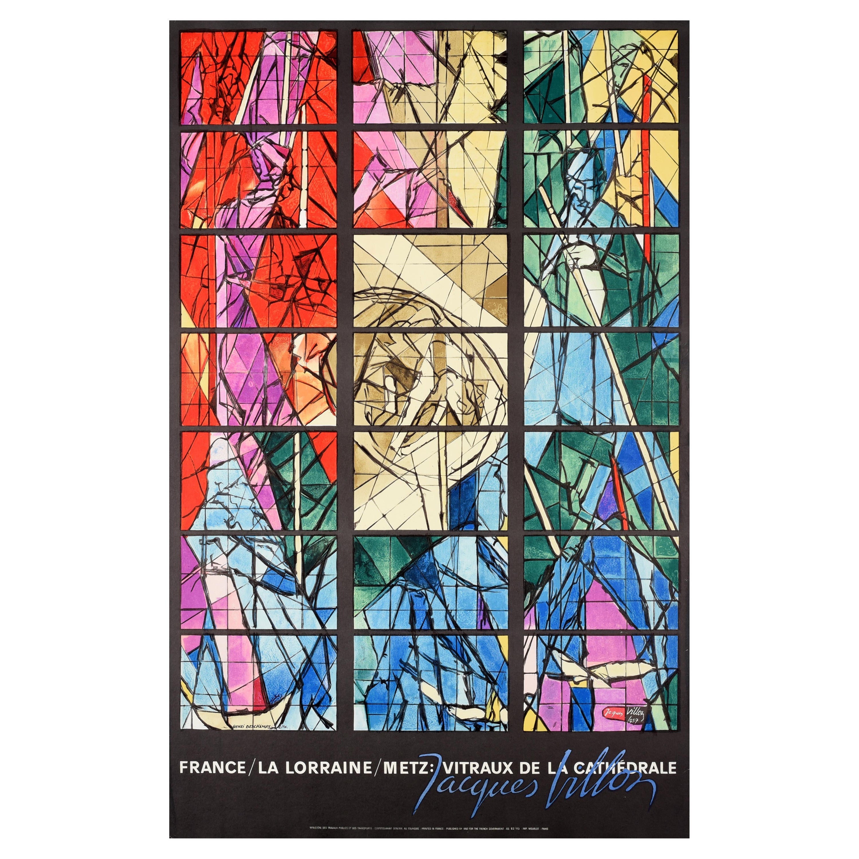 Affiche rétro originale de la cathédrale Lorraine Metz avec vitraux de fenêtres