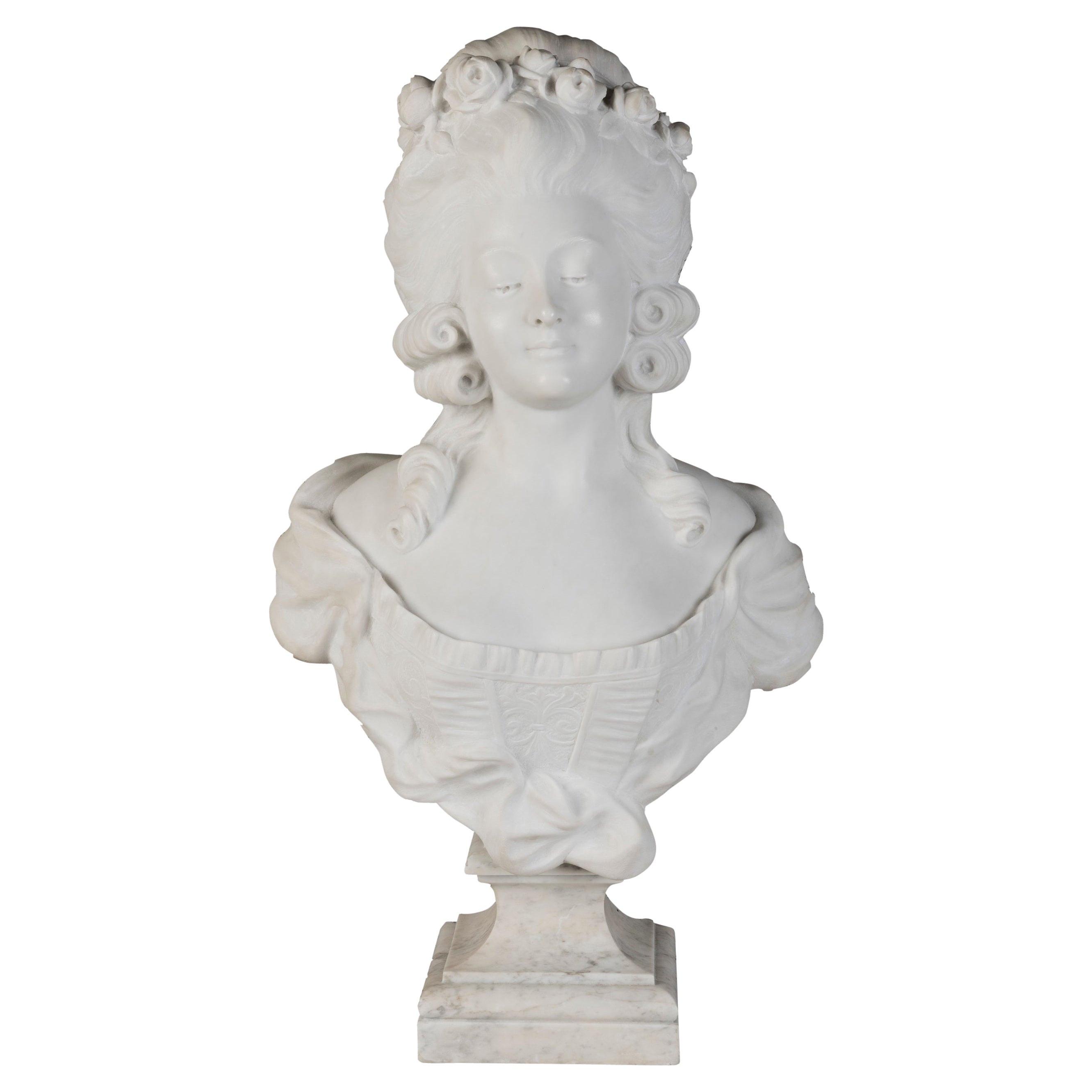 Buste Confidante de Marie-Antoinette en marbre sculpté du 19ème siècle en vente