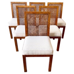Mid-Century Modern Burl Wood & Cane Parsons Dining Chairs by John Widdicomb