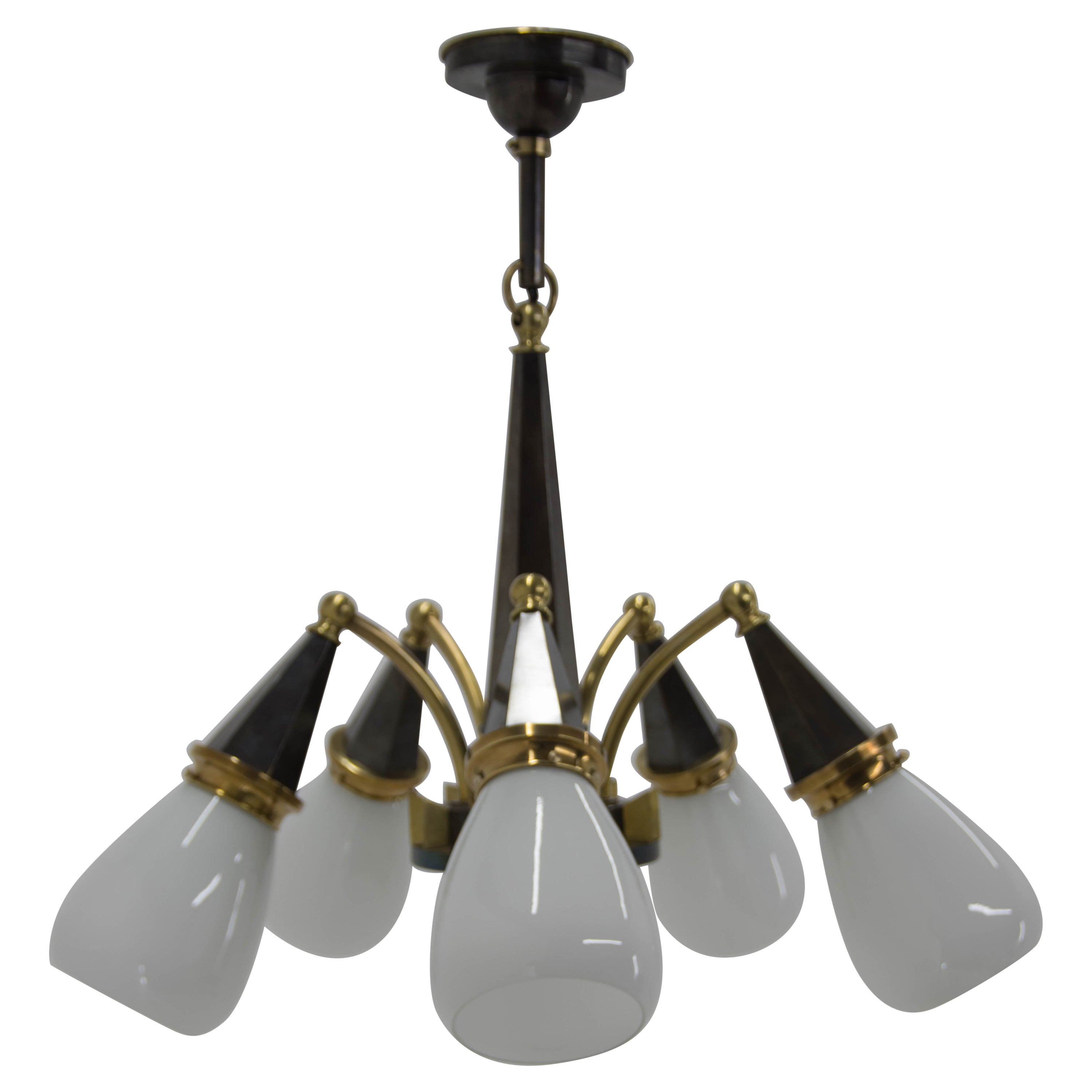 Cubism Brass and Glass Chandelier, 1930s, Perfect Condition For Sale