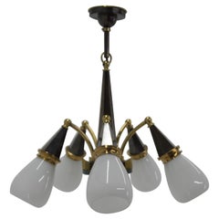 Vintage Cubism Brass and Glass Chandelier, 1930s, Perfect Condition