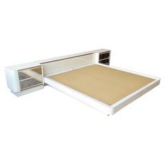 Postmodern Cream Lacquer Laminate King Platform Bed with Mirrored Nightstands