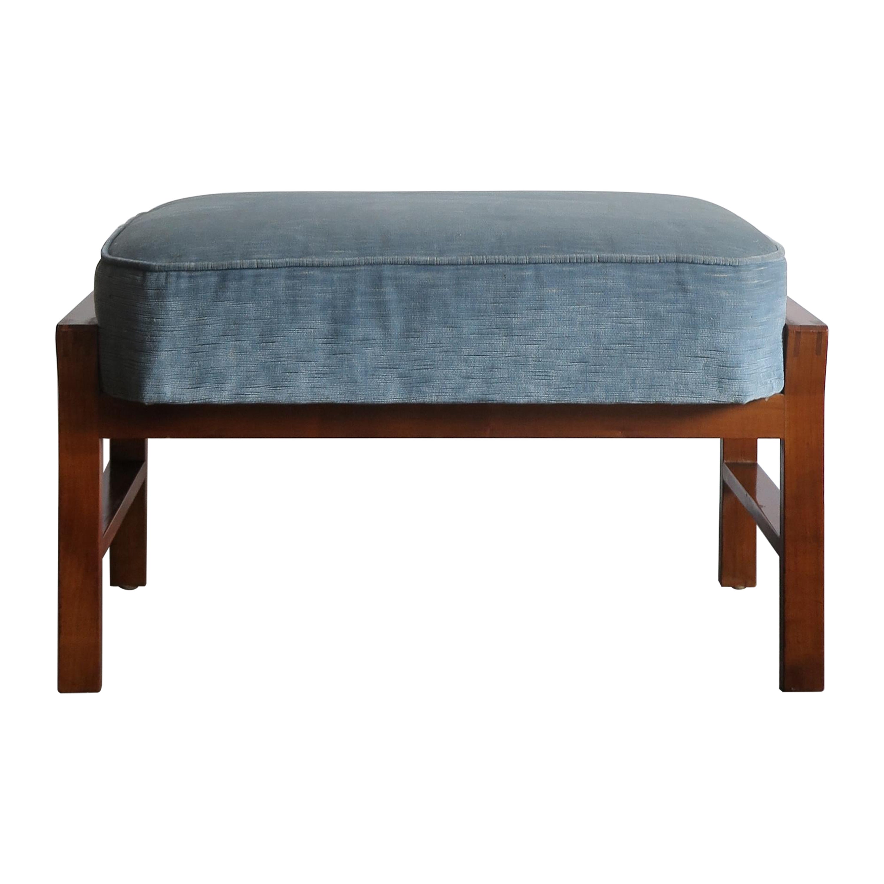 Italian Mid-Century Wood and Light Blue Velvet Bench, 1950s