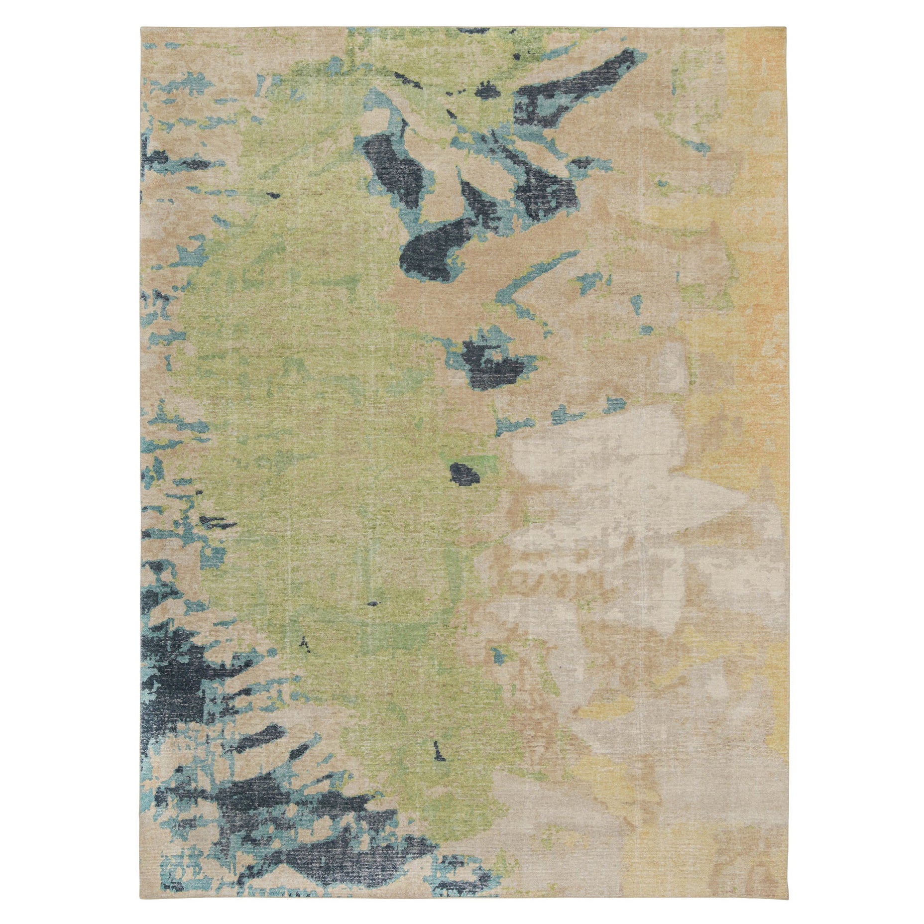 Rug & Kilim’s Distressed Style Abstract Rug in Green, Beige and Blue For Sale