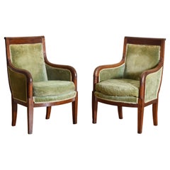 Pair French Restauration Period Walnut and Upholstered Bergeres, Ca. 1825