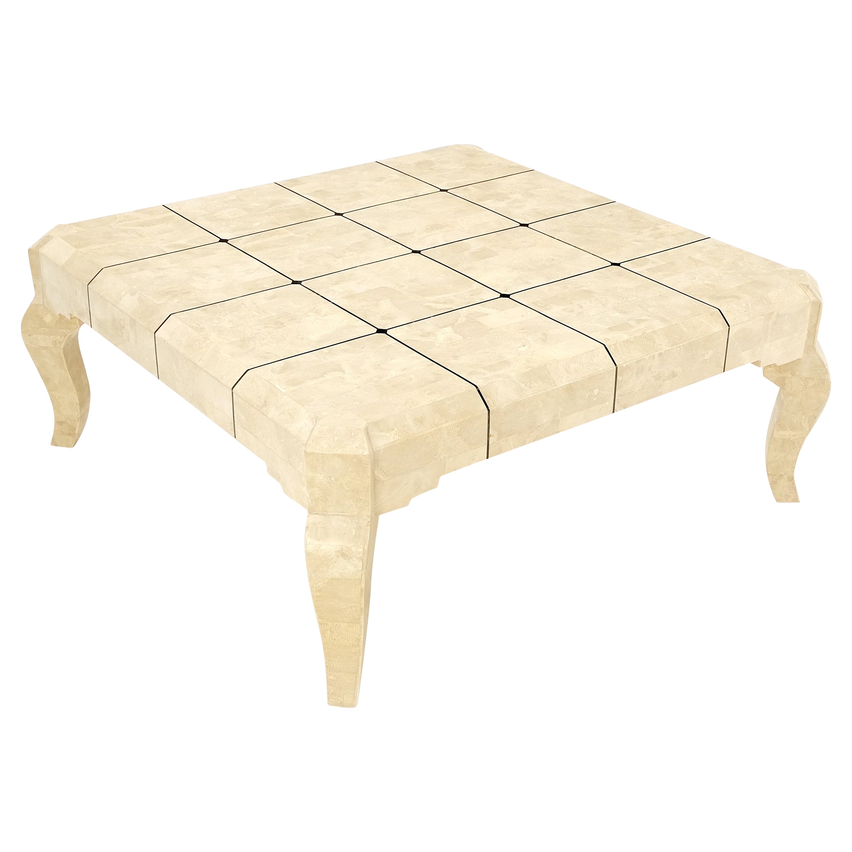 Tessellated Stone Fossil Top Brass Inlay Square Coffee Table on Cabriole Legs For Sale